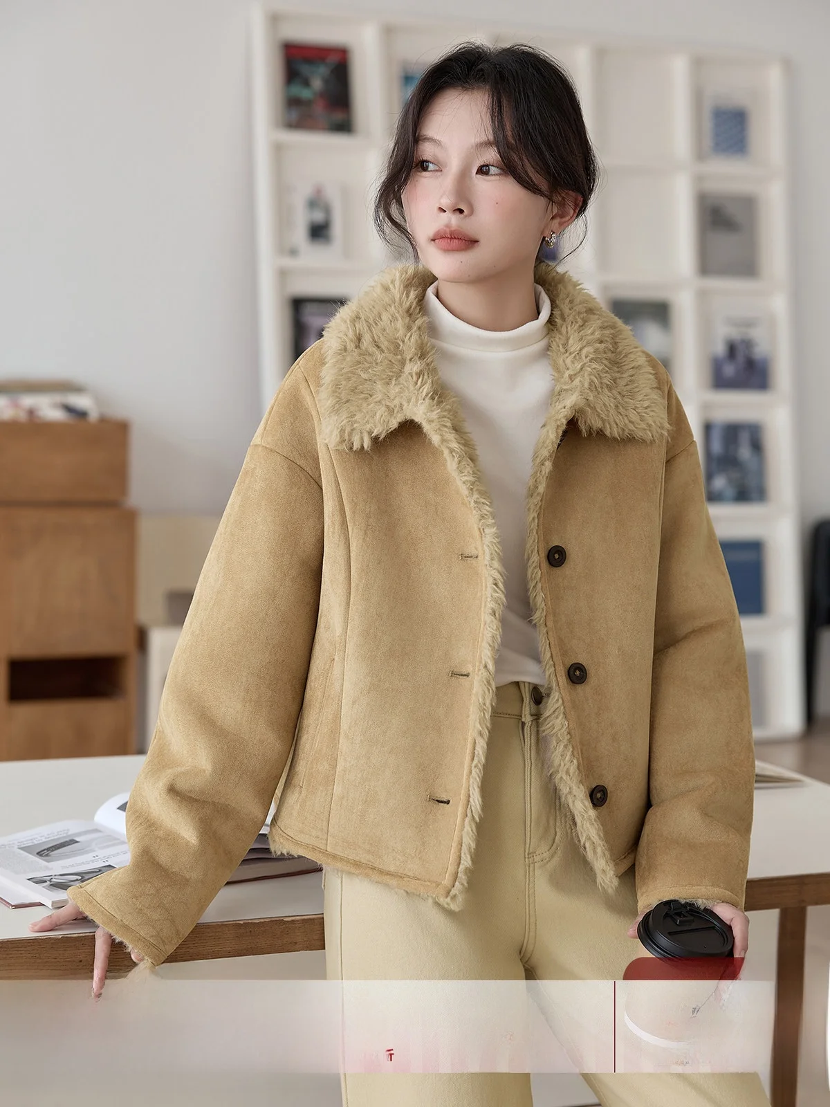 

Brown Fce Lined Suede Jaet Women's Winter Thiened Retro Inteated Leather Fur HUIXI Dstring Casual ort Coat