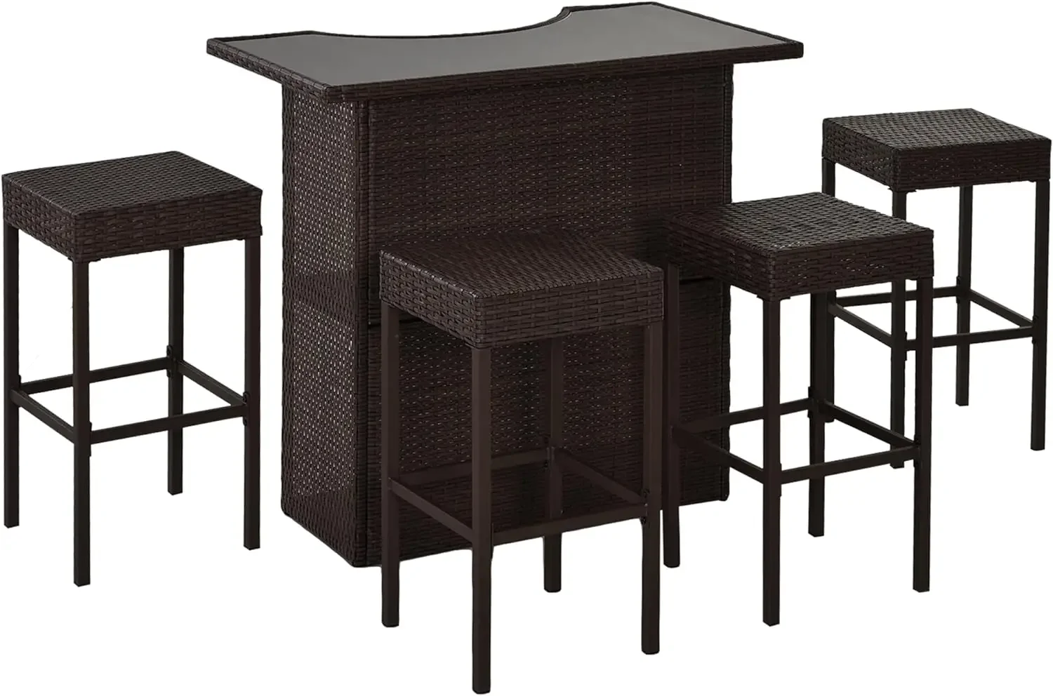 

5PCS Rattan Wicker Bar Set with Glass Top Table and 2 Tier Storage Shelf, 1 Table and 4 Bar Stools for Outdoor, Patio, Garden