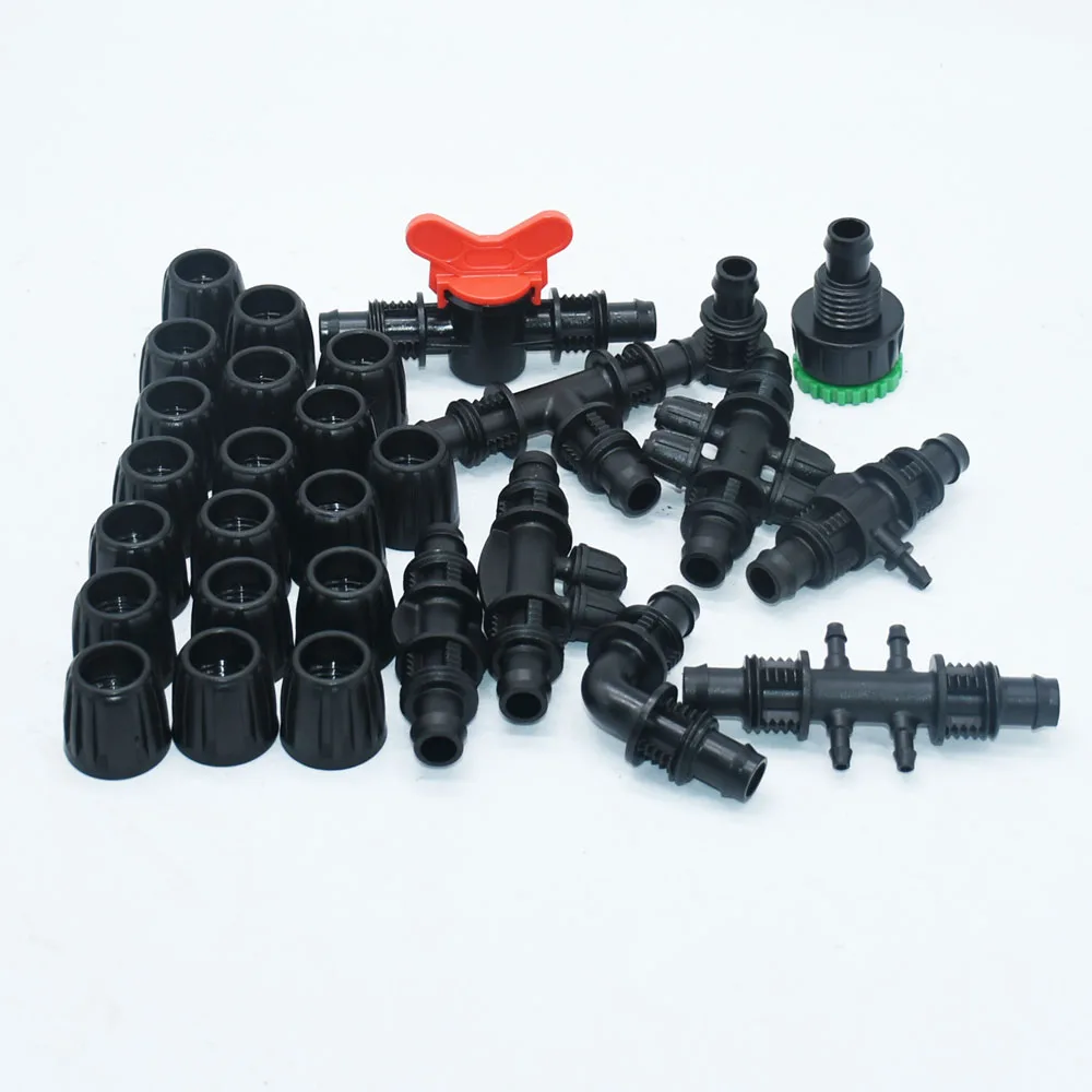 20pcs 16mm PE Hose Barb Connecters 1/2 To 1/4inch Reduced Hose Splitter Tee Elbow End Plug Tap 1/2/4-way Pipe Lock Nut Fittings