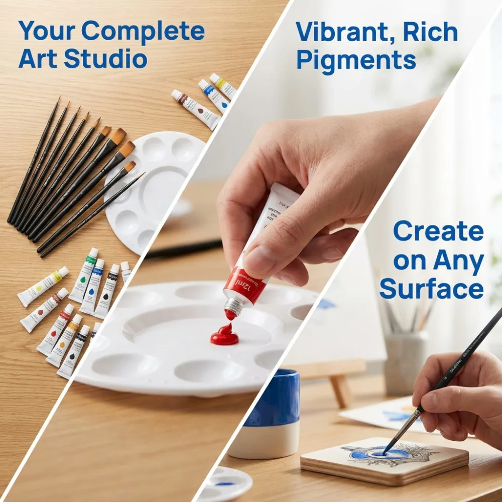 12ml Acrylic Paint Set with Brushes and Palette, Waterproof and Quick-Drying Paints, Suitable for DIY Art creation on Multiple Surfaces. Portable Leak-Proof Bottles, Ideal Art Gift for Hobbyists