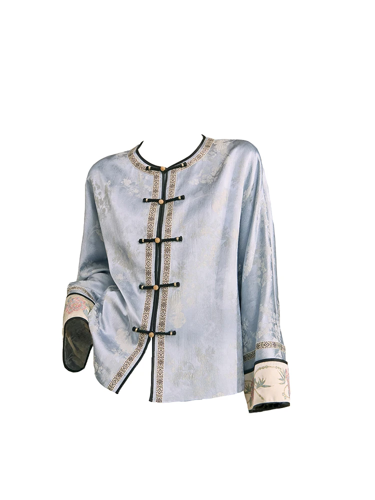 

New Chinese Sle Large Size Embroidered Jaet Women's round Ne Vintage Floral Pattern Button up Spring Faion Top