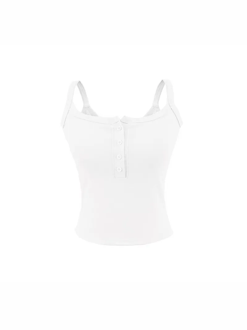 Women's Basic Style Button Camisole Sexy Backless Sleeveless Vest with Bra Pads Short Base Layer Small Size