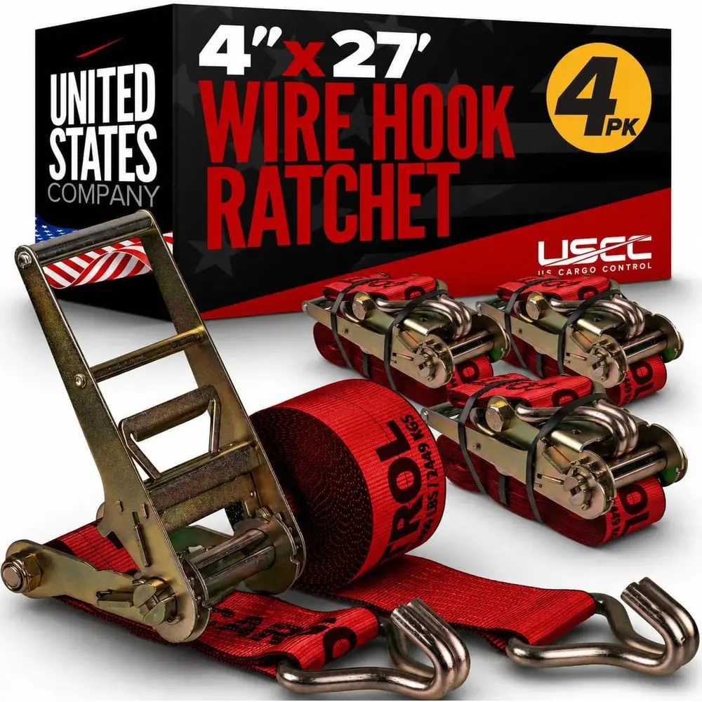 4-Pack 4 x 27' Ratchet Straps, 5,400 lbs WLL, Red with Double J Hooks for Trailers
