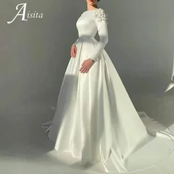 Ivory Muslim Winter Wedding Dresses Long Sleeve Vestidos De Novia Luxury Beading Flowers Satin Simple Vintage customized