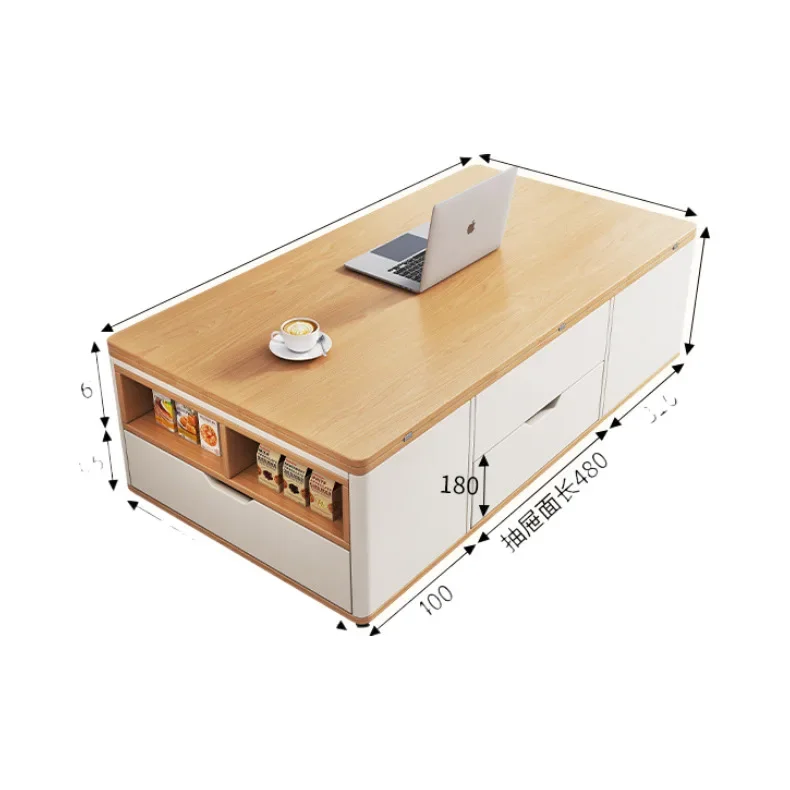 Solid wood rock slab lifting multi-functional stacking coffee table dining table integrated two-in-one living room household