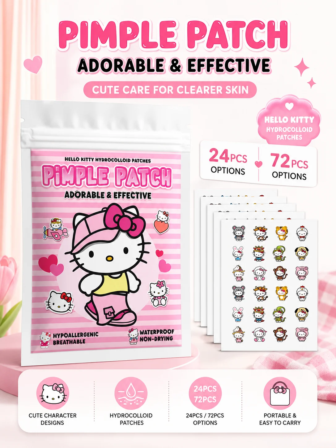 Sanrio Acne Pimple Patches, Hydrocolloid Spot Cover Stickers, Cute Face Care Patches for Daily Use