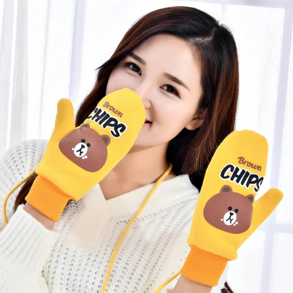 Women\'s New Autumn Winter Collection of Thick and Plush Double-layer Warm Cute Cartoon Printed Rubber Gloves Apparel Accessories