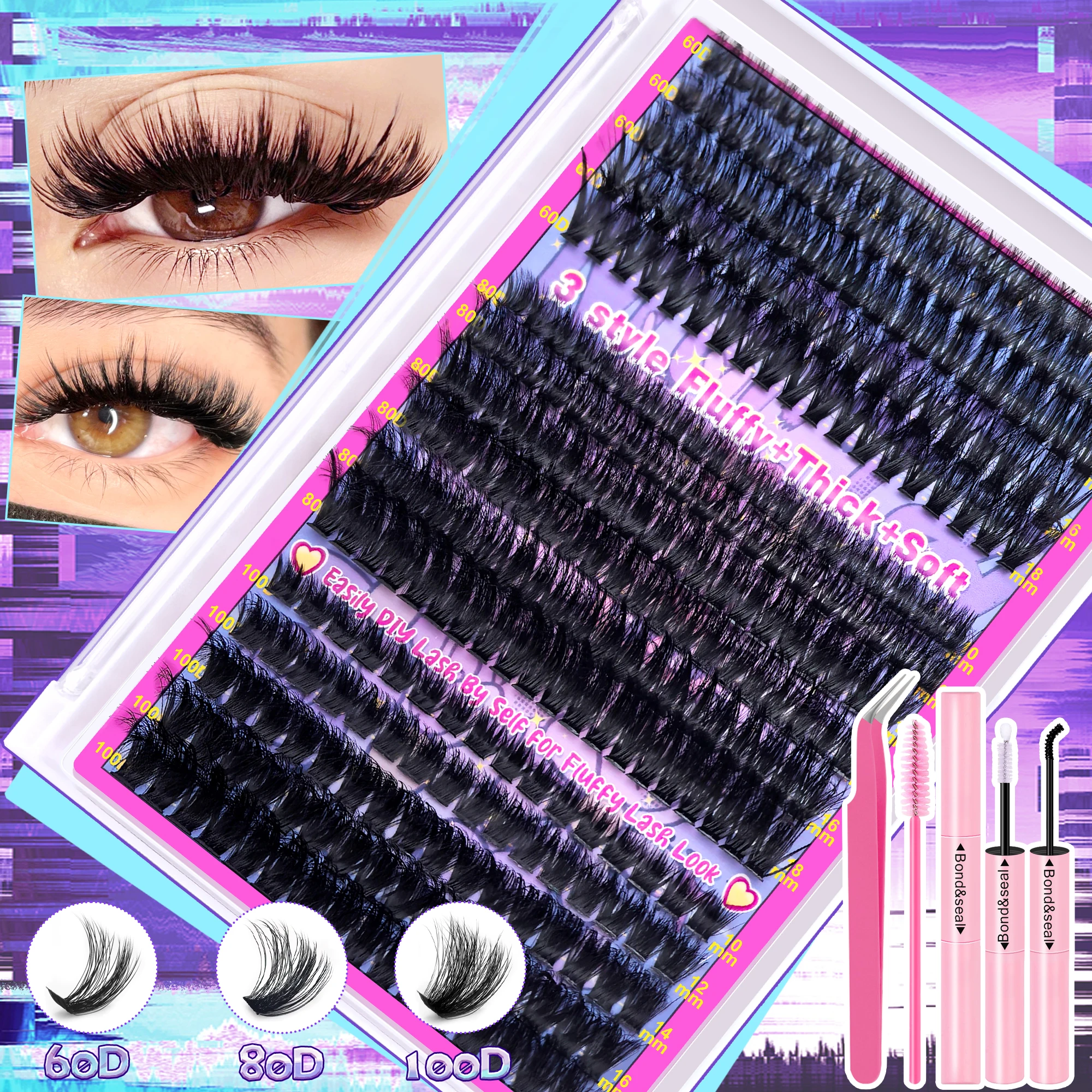 16-rzędowy zestaw do przedłużania rzęs DIY - tusz do rzęs i szczoteczka 2 w 1, pęseta do usuwania kleju/rzęs, naturalny puszysty gęsty, wielokrotnego użytku