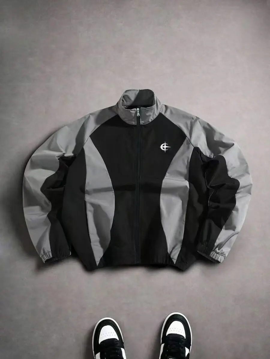 Men Stand Collar Color Block Jacket, Contrast Splicing Design, Small Logo Print on Chest, Elastic Cuffs, Full Zip Up, Lightweight Windproof Fabric, Street Trend Casual Outerwear for Daily Wear