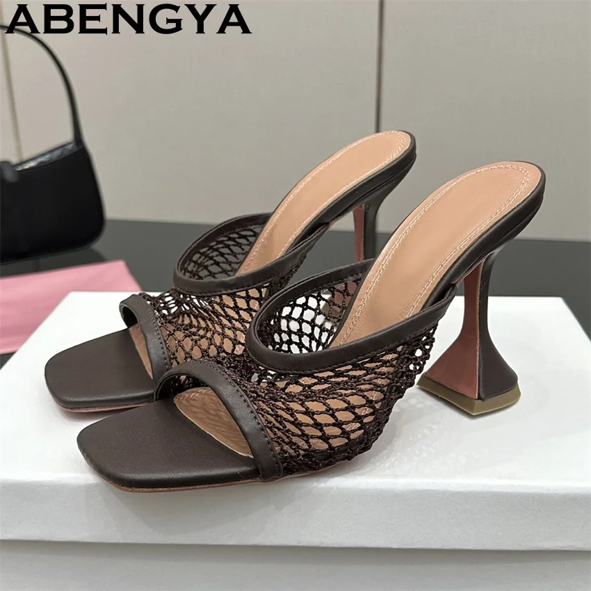

Mesh Square Open Toe Strange Cup Heels Slippers Women Summer Hollow Mules Slippers Bohemian Sexy Party Shoes Zapatillas mujer