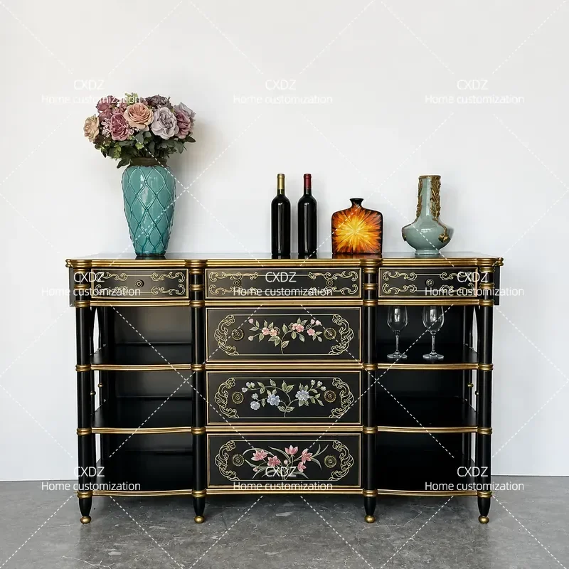 Retro Black Porch Cabinet Hand Painted Living Room Foyer Decorative Storage Cabinet Light Luxury Bedroom Furniture 0661