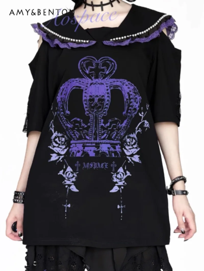 

Japanese Anime Print Subculture Sweet Sailor Collar Patchwork Off-Shoulder Short Sleeve Harajuku Punk Style Oversized T Shirt