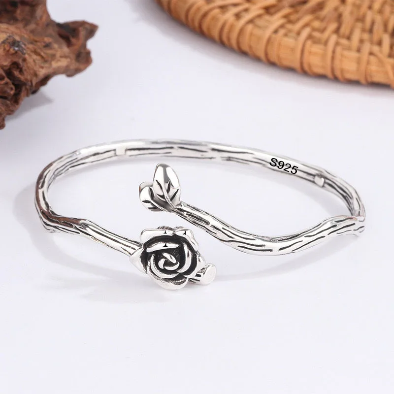 

925 Sterling Silver Bracelets for Women Men String Accessories Trend Vintage Rose Flower Shape Pendant Party Jewelry Gift