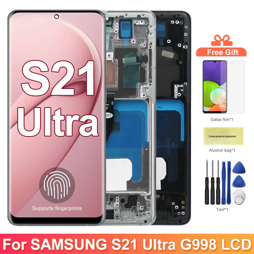 AMOLED S21 Ultra Screen Assembly for Samsung Galaxy S21 Ultra 5G G998B G998B/DS Lcd Display Touch Screen with Fingerprints