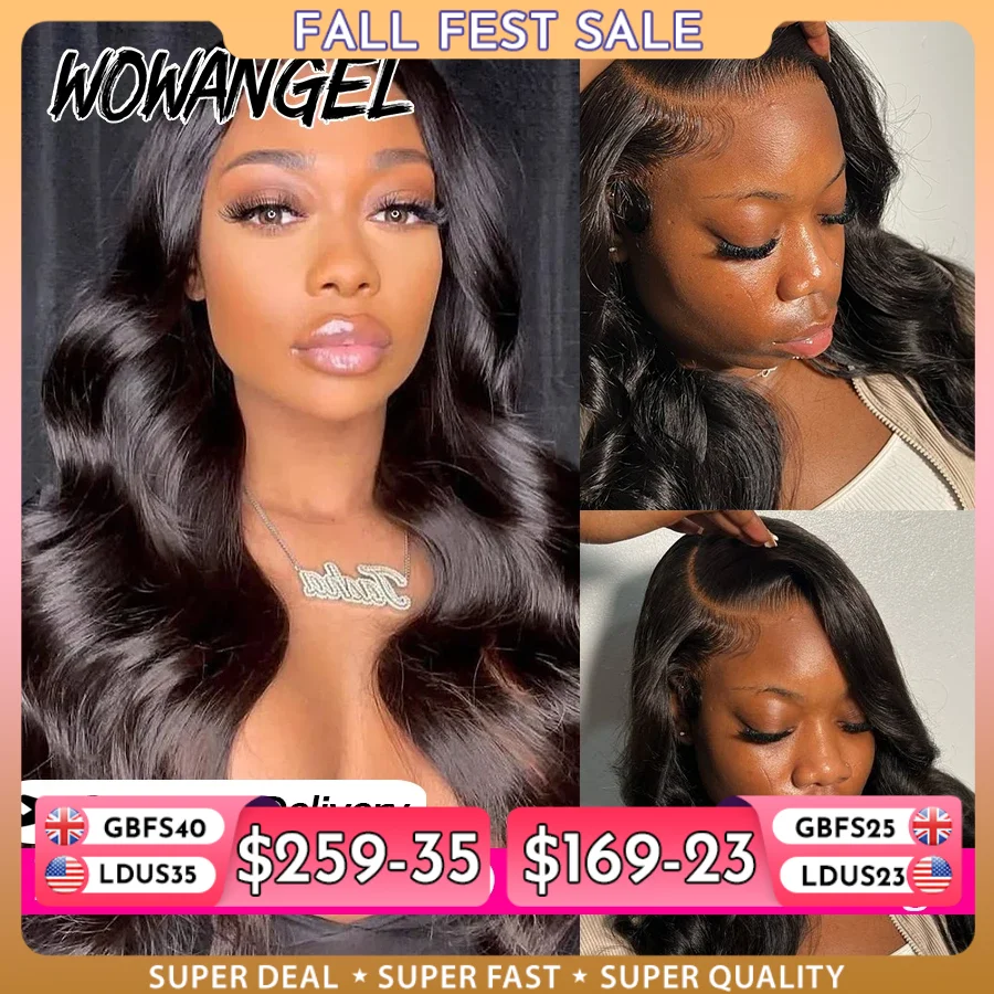 Wow Angel 13x6 HD Lace Front Pruiken 250% Remy Haar Body Wave Menselijk Haar Pruiken HD Kant Pruiken Pre Geplukt Dragen Om Pruiken voor Vrouwen