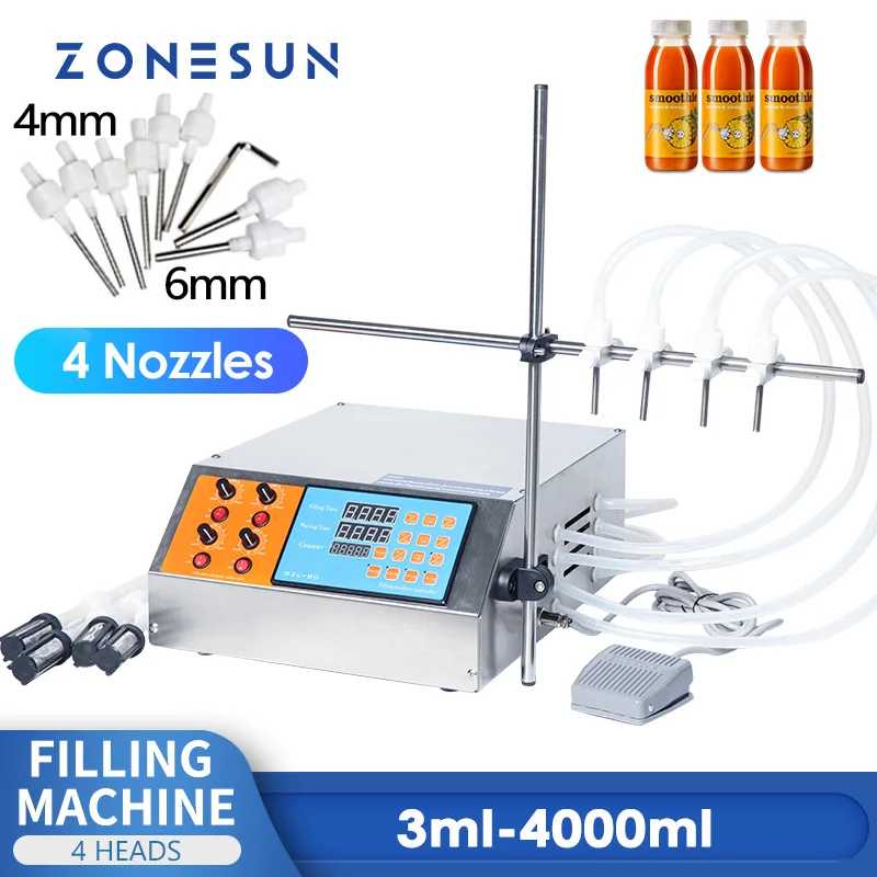 ZONESUN 4 Head Nozzle Liquid Filling Machine Perfume Water Juice Essential Oil Electric Digital Control Pump Liquid Filler