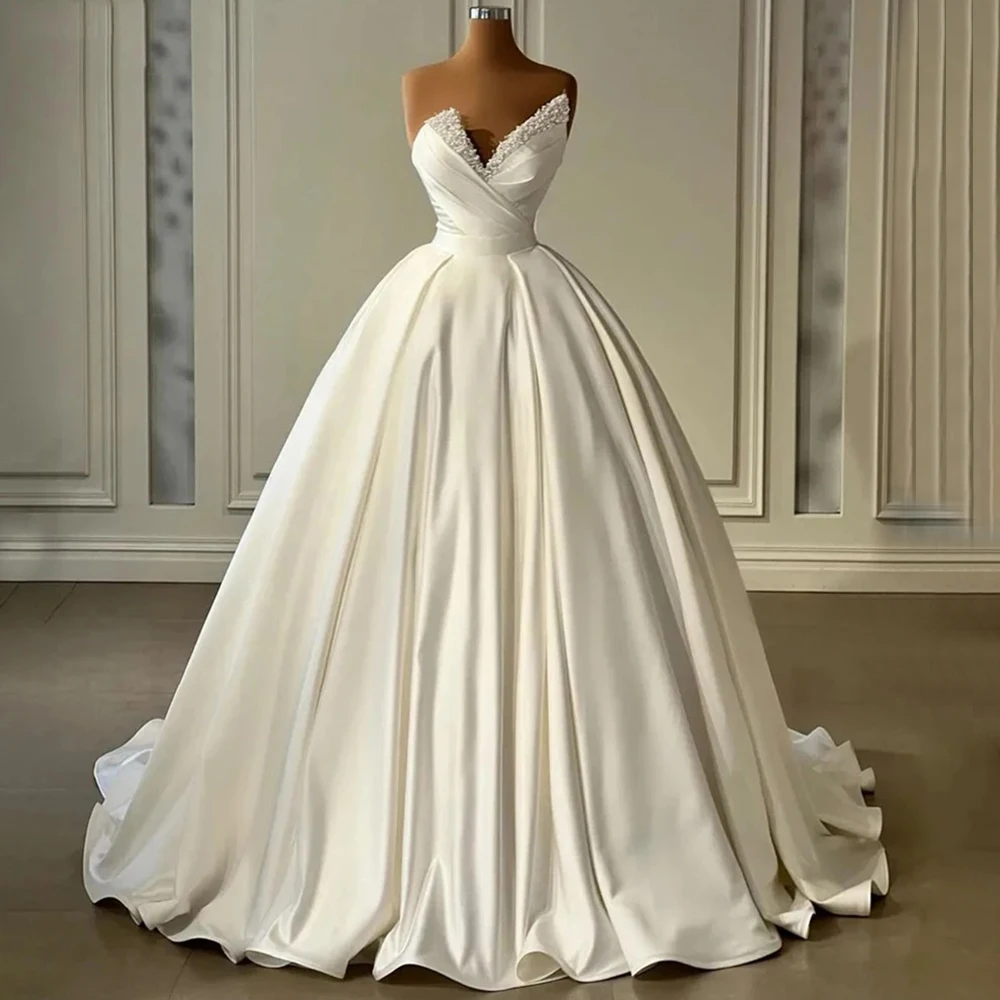 

Classic A-Line Floor Length Wedding Dress V-Neck Strapless with Pleat and Beading Open Back Bridal Gowns for Church Marriage