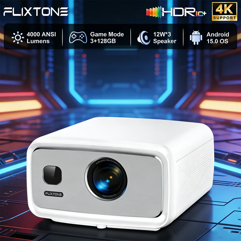 Projecteur Flixtone D10S 4000 ANSI Lumens Haute Luminosité Full HD 1080P Décodage 4K HDR MEMC Home Cinéma Android 15.0 Smart TV Beamer