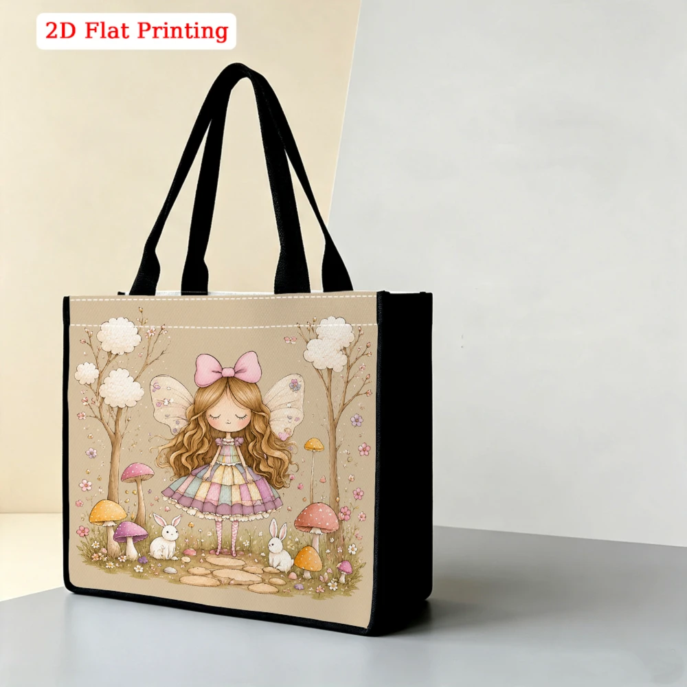 Fairy Butterfly Little Girl Pastel Mushroom White Rabbit Forest Watercolor Print Large Tote Bag, Whimsical Aesthetic Handbag