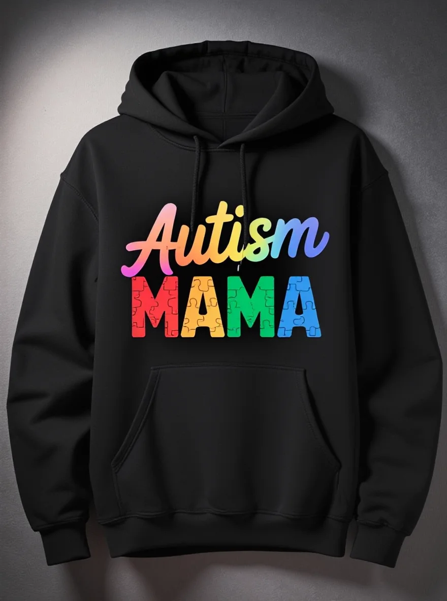 

Мужская толстовка больших размеров Autism Mama, черная геометрическая буква, радужная надпись, осведомленность об аутизме, можно стирать в машине