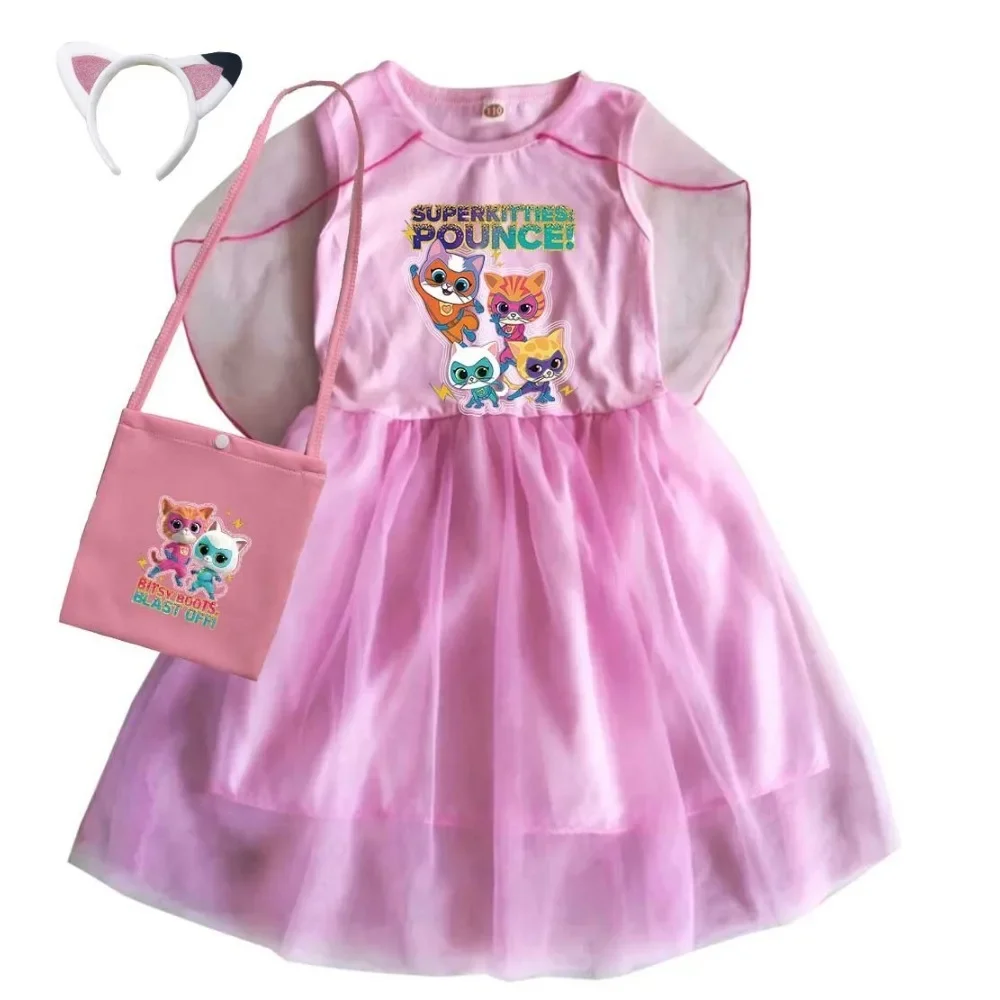 

Cute Superkitties Costume Kids Summer Clothes Baby Girls Casual Dresses + Headband &bag Children Wedding Party Princess Vestidos