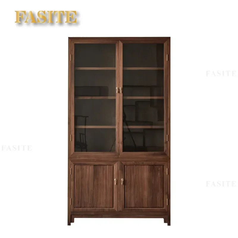 For New Chinese Style Old Elm Black Walnut Glass Display Cabinet Bookcase Storage Floor to Ceiling with Light Modern Home