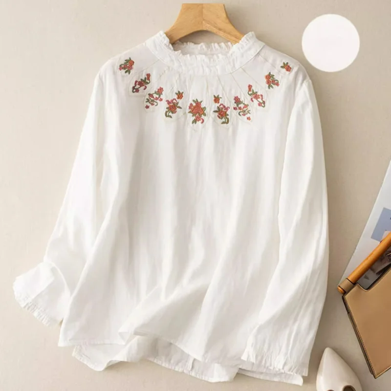 2024 New Spring and Autumn Retro Fashion Loose Doll Neck Long Sleeve Round Neck Printed Embroidered Folds Women\'s T-shirt Top