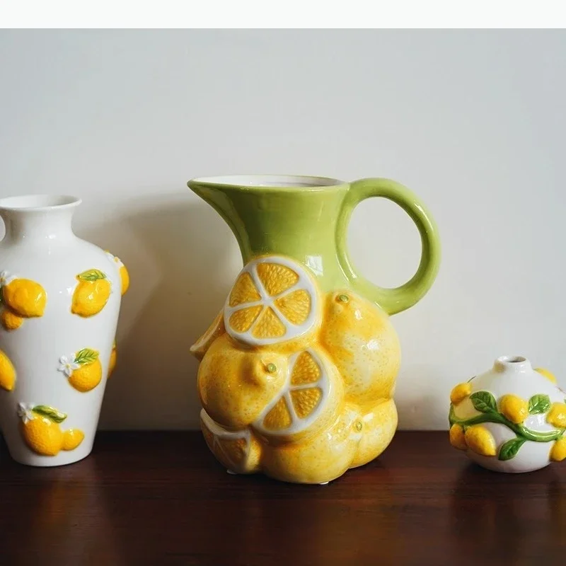 Lemon Vase Hand-painted Three-dimensional Lemon Shape Ceramic Cold Water Kettle Flower Vase Flowerpot Home Decoration