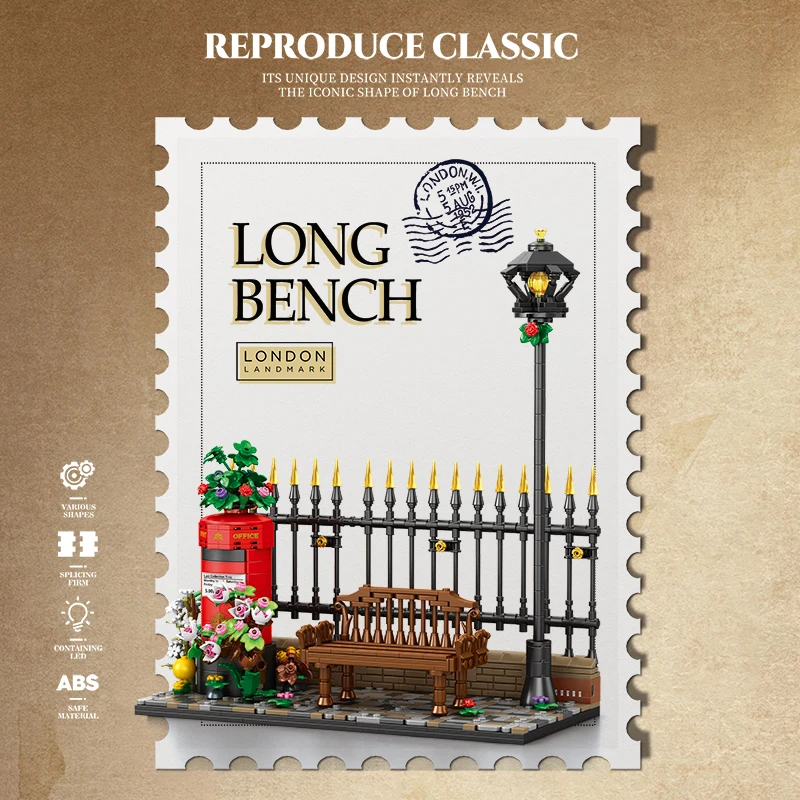 1057PCS Long Bench Building Blocks British Street Scene Model Kit With LED Light Red Post Box Iron Fence Flower Brick Adult Gift
