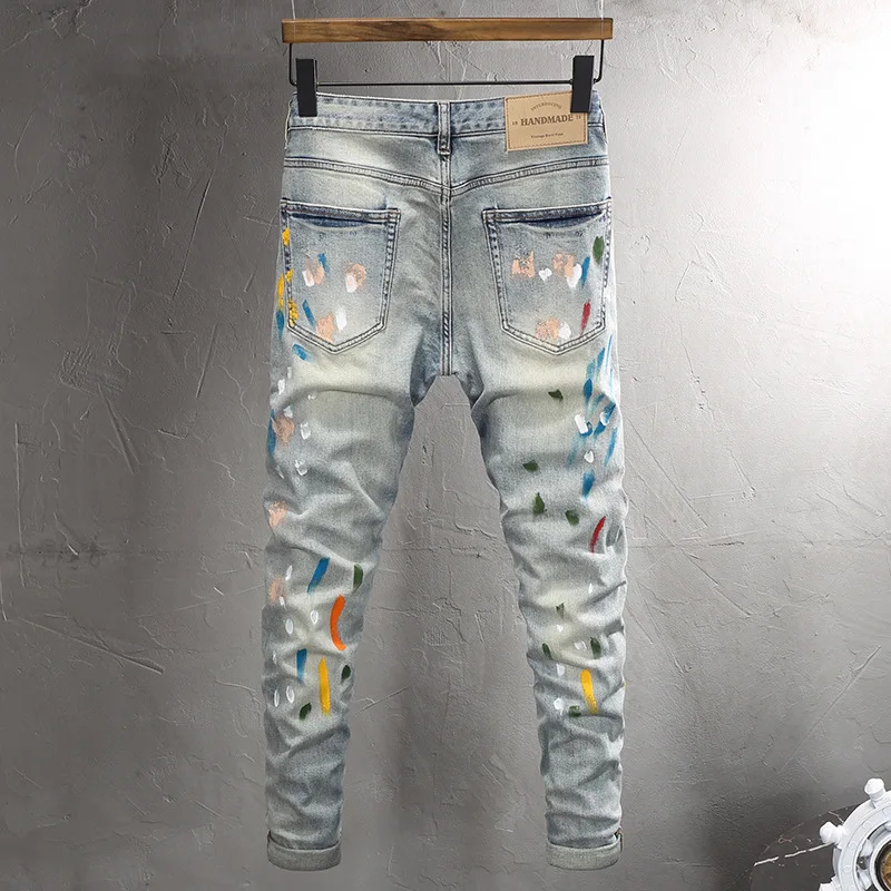 2025 new high street embroidered jeans for men, exquisite printing, colorful graffiti trend, nostalgic, slim fit, elastic leggin