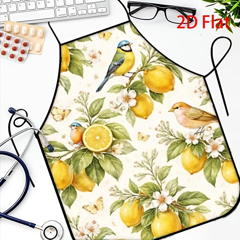 1pc 2D Printed Creative Apron Kitchen Cooking Wear With Lemon Fruit For Blue Bird Butterfly Floral Pattern On Cream Background