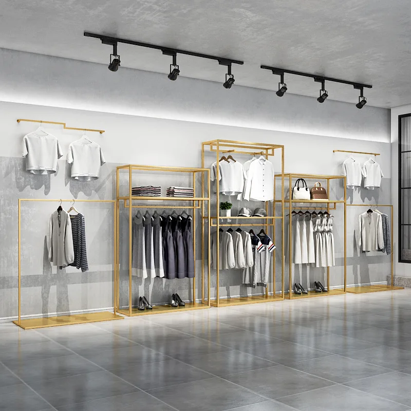 Clothing Store Display Rack Double Layer Hanging Hanger Men's and Women's Gold Clothing Store Shelf Wrought Iron Display