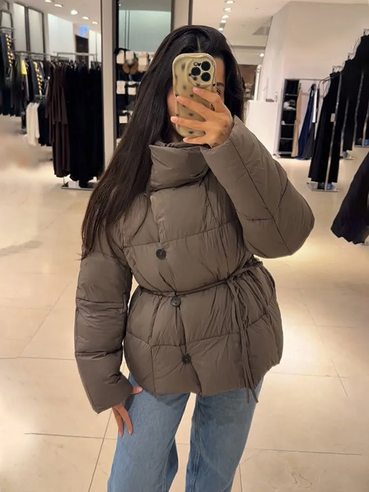 

HH женские зимние повседневные куртки с длинными рукавами однотонные карманы на шнуровке украшения однобортные женские модные пальто с высоким воротником