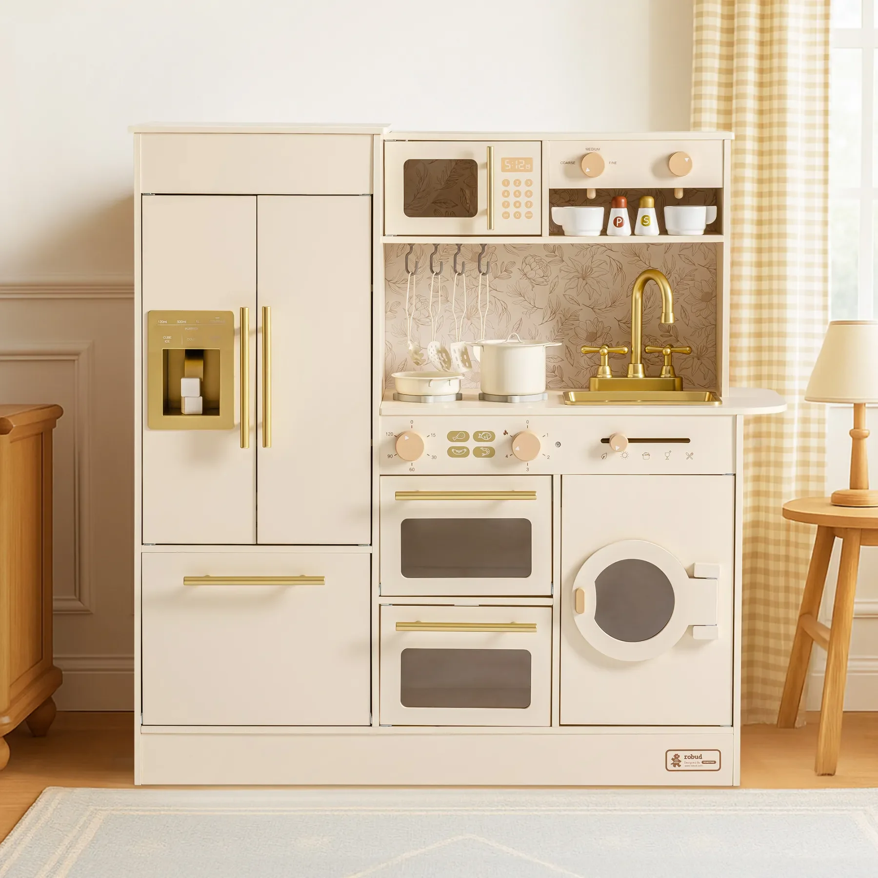 Robotime Robud Juego de cocina floral de madera para niños, juego de simulación de juguete con refrigerador, horno, microondas para niñas y niños, color beige