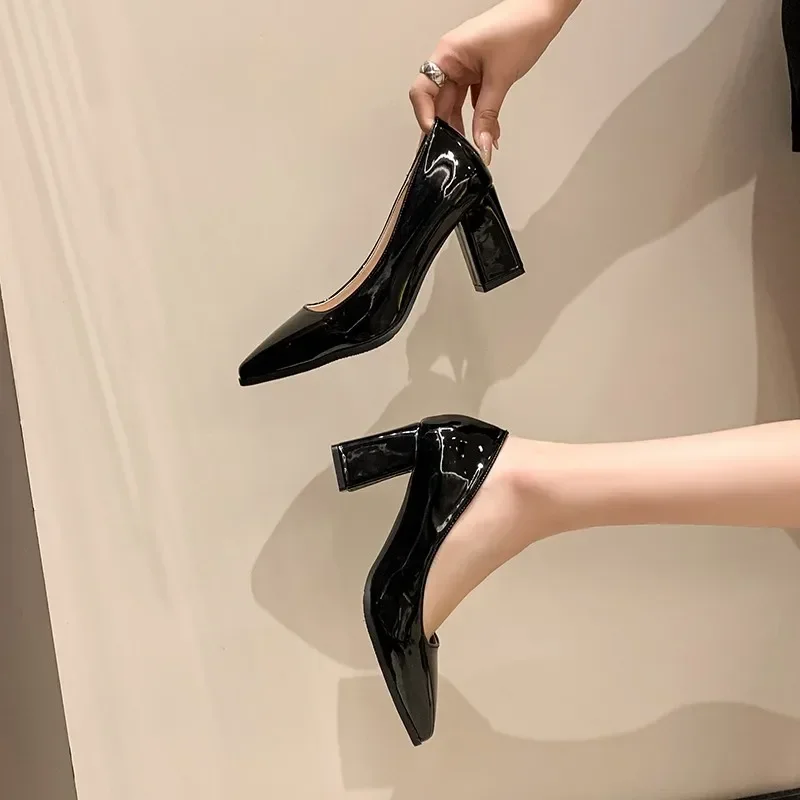 Autumn Shallow Basic Women's High Heels Solid Casual Shoes Ladies Fashion Office Slip-on Pumps Pointed Toe Square Heels Women