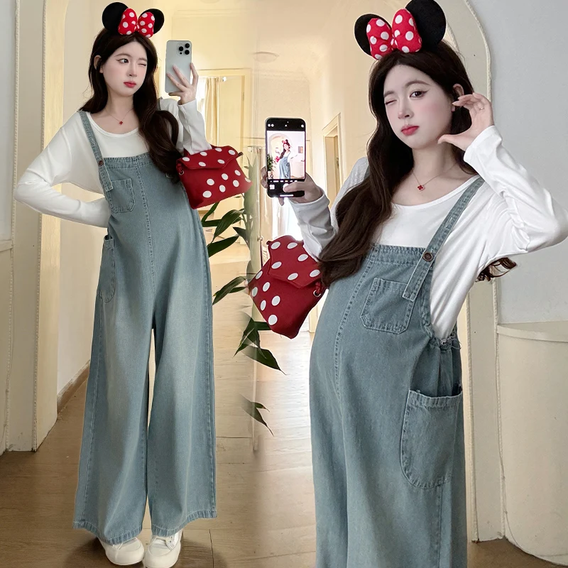 25ss Youth Pregnancy Wide Leg Loose Bib Pants Suits 2025 Spring Maternity Korean Style Casual Denim Overalls + Modal Tee Sets