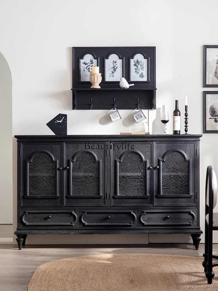 

French retro dining side cabinet solid wood living room against the wall antique style with glass door tea cabinet
