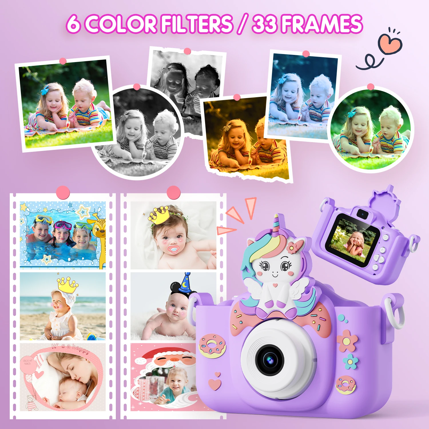 Kids Camera Toys 2 Inch Screen HD Cartoon Digital Camera with 32G Card Cute Educational Toy Children Birthday Christmas Gifts