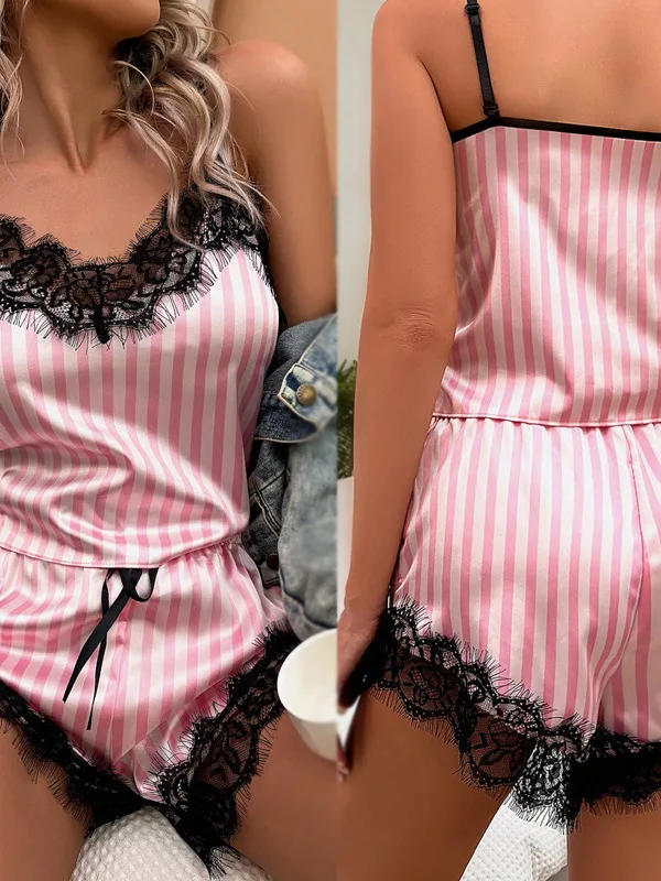 Nightwear Home Sexy Clothes Three-point Two-piece Set Pink Tank Tops Lace Stripe Sweet Shorts Set 2024 New Set EB6W