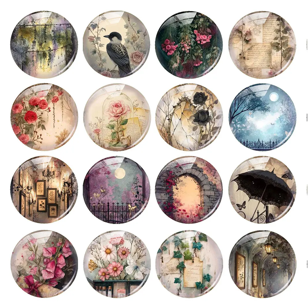 Random Mixed Round/Oval/Square Gothic Moon Castle Floral Fairy Photo Glass Cabochon Flatback Demo Cameo For Diy Jewelry Making