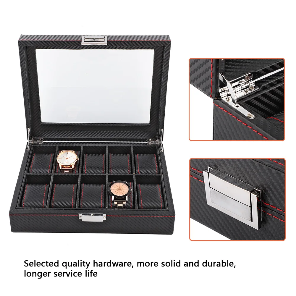 

10Slot Watch Box Travel Carbon Case Jewelry Display Storage Collector Organizer 10 Slot Watch Box Carbon Watch Box