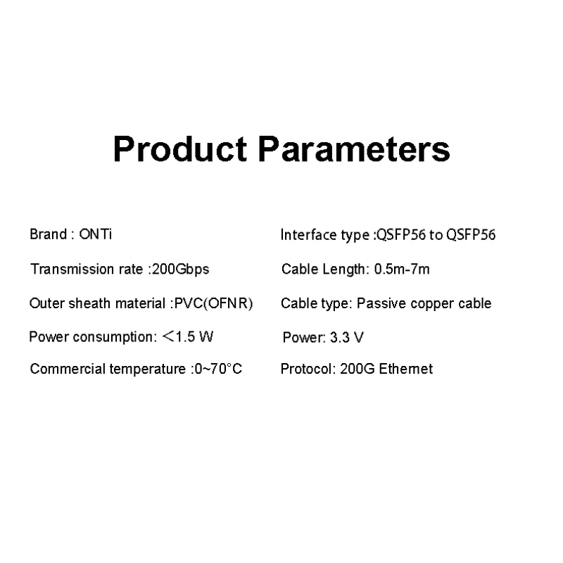 ONTi-Passive Direct Attach Copper Twinax Cable, 200G, QSFP56, DAC Cable, 0.5m, 1m, 2m, 3M Jumber, for Cisco, Dell, HP, etc