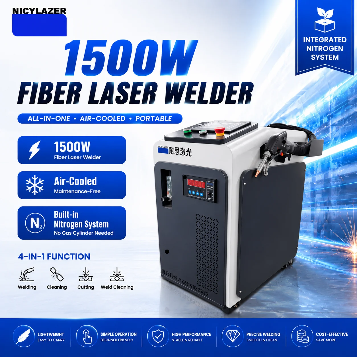 1500W Handheld Laser Welding Machine Air-Cooled Fiber Welder with Built-in Nitrogen System 4-in-1 Portable