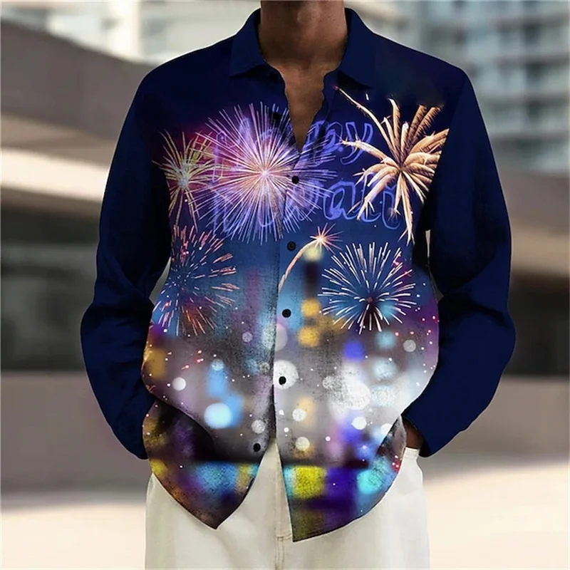 3D Printed Happy New Year Hawaiian Shirts Men Fireworks Balloon Pattern Aloha Shirts Casual Loose Long Sleeve Lapel Tops Blouse