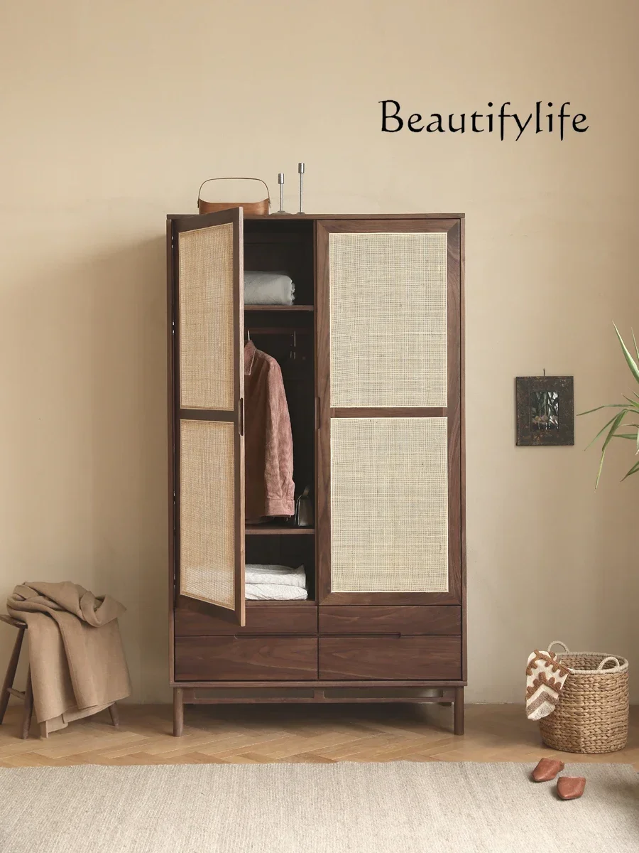 

Japanese retro rattan wardrobe combination walnut designer solid wood double door storage wardrobe small apartment bedroom