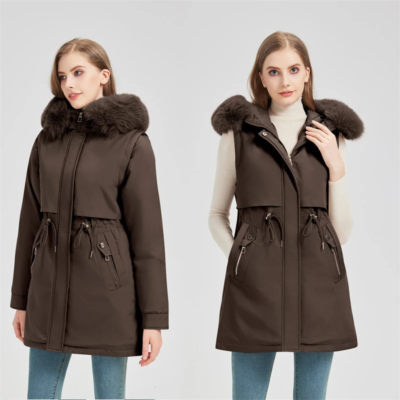 Parka da donna di media lunghezza con interno spesso foderato in pile con coulisse in vita maniche attive collo in pelliccia grande giacche imbottite in cotone con cappuccio tendenza