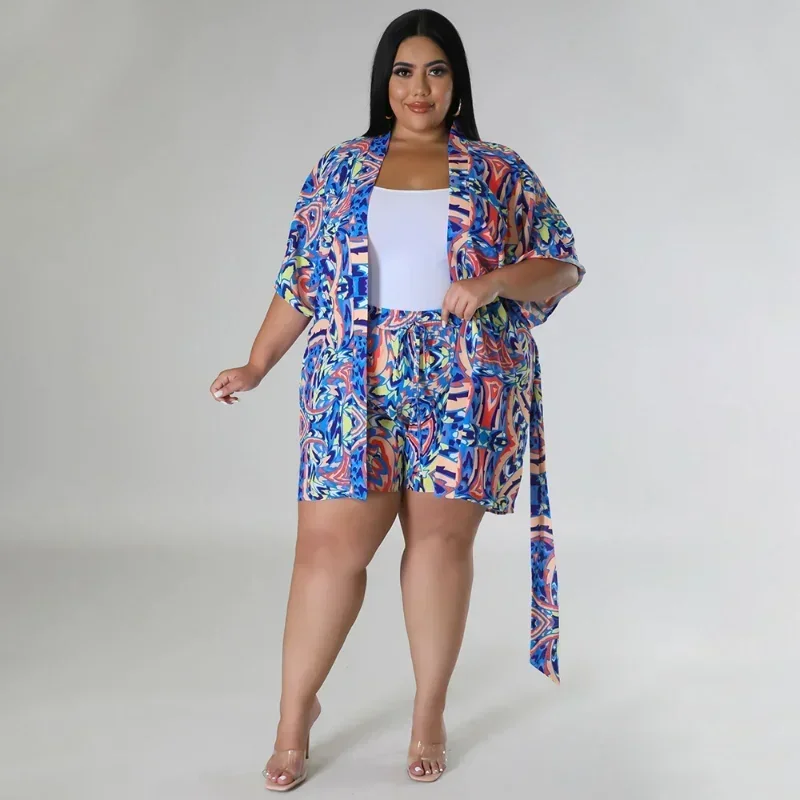 KEXU Plus Size Fashion Print Women's Set Half Sleeve Open Stitch Shirt and Shorts 2024 Summer Two 2 Piece Set Outfits Tracksuit