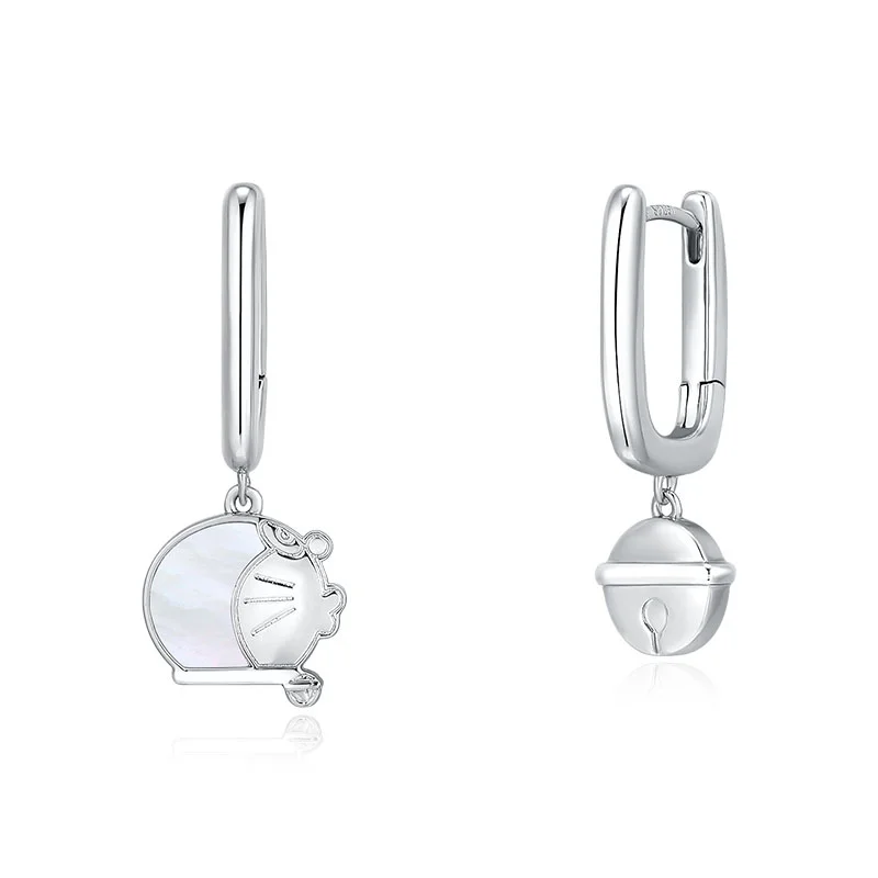 Doraemon Bell Asymmetric Fritillaria Earrings with Design Sense for Women 925 Silver Earrings Earstuds Gift