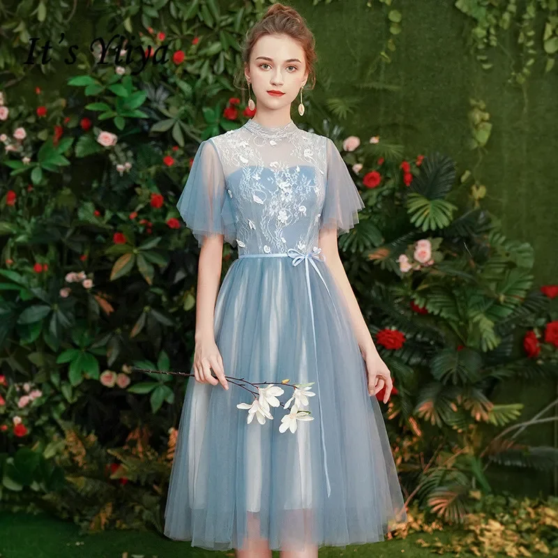 It's Yiiya Bridesmaid Dresses Elegant Short Sleeve Embroidery Lace up Wedding Guest Dress Blue Tea Length Vestido De Festa