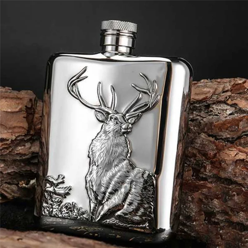 ABIY HONEST Stainless Steel Wine Flask Hip Flask 6 Oz Deer Pattern Whiskey Pocket Whiskey Bottle Alcohol Bottle - Elk 200-300ML